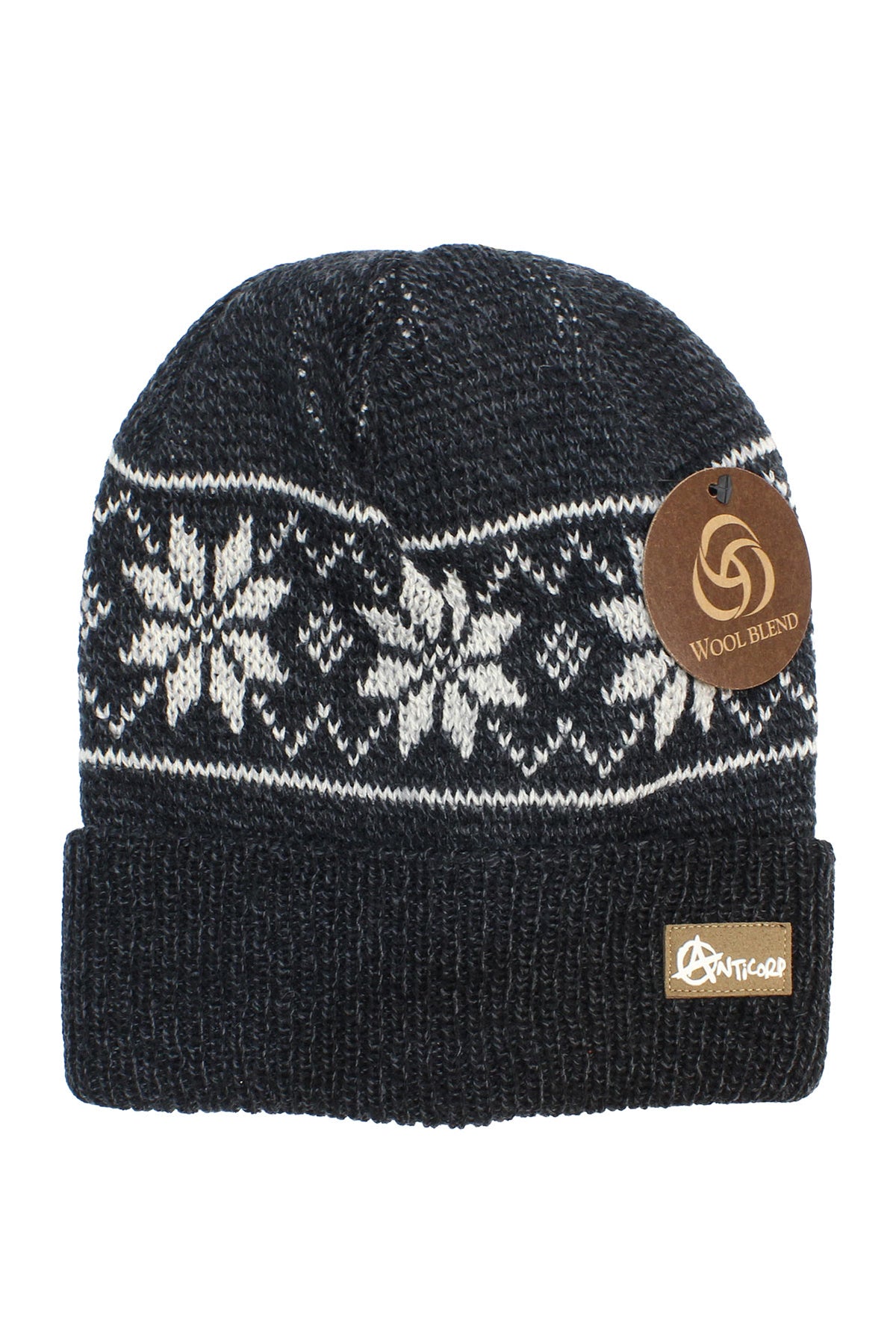 A black and gray knit Anticorp Pattern Beanie with a white snowflake design, folded brim, round brown “Wool Blend” tag, and a rectangular "Jindabyne" label sewn onto the front.