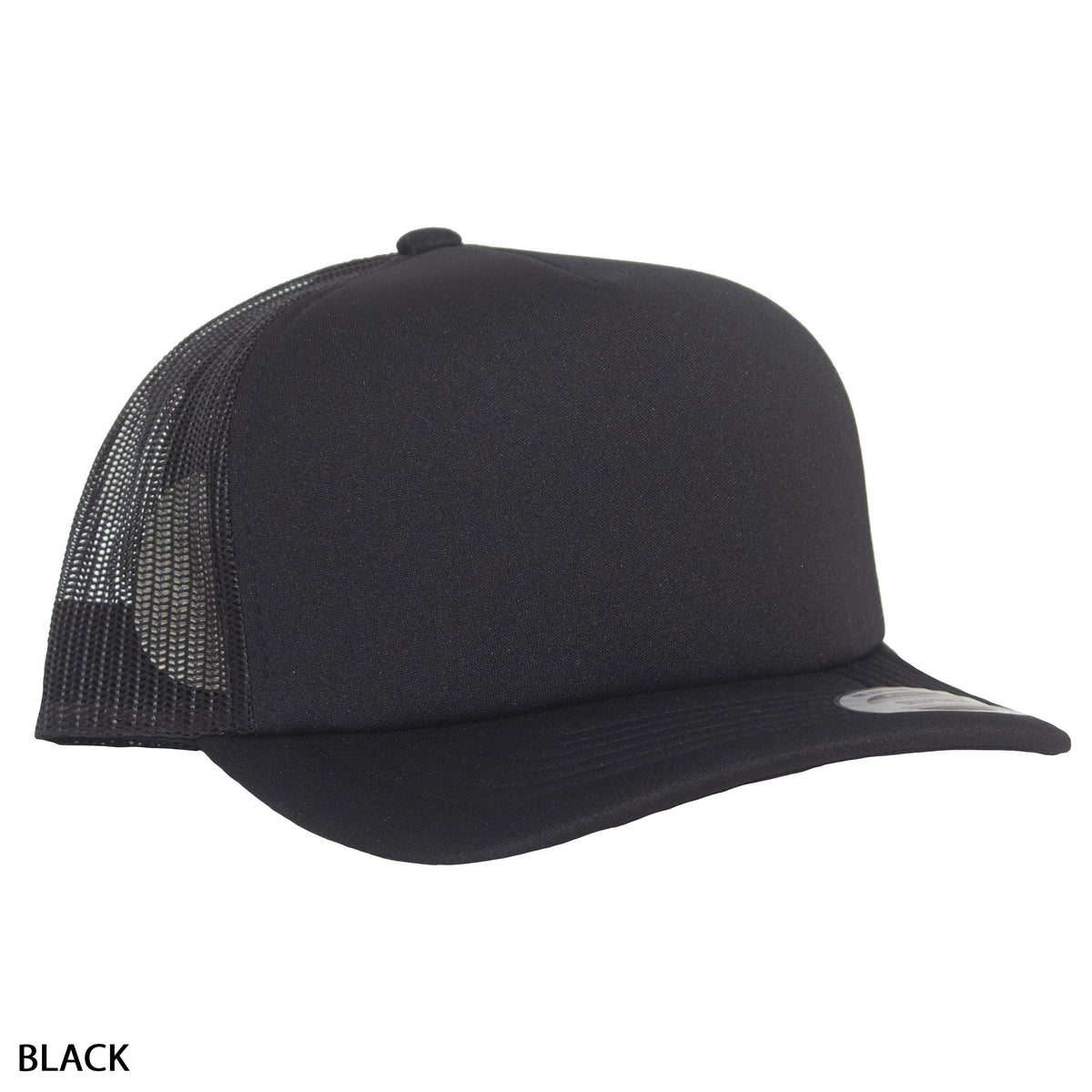 The FlexFit High Crown Trucker is a black mesh hat with a solid front, curved brim, and adjustable snap-back. Its slightly reflective brim label adds style, while the polyester/nylon mesh sides and back provide comfortable everyday wear.