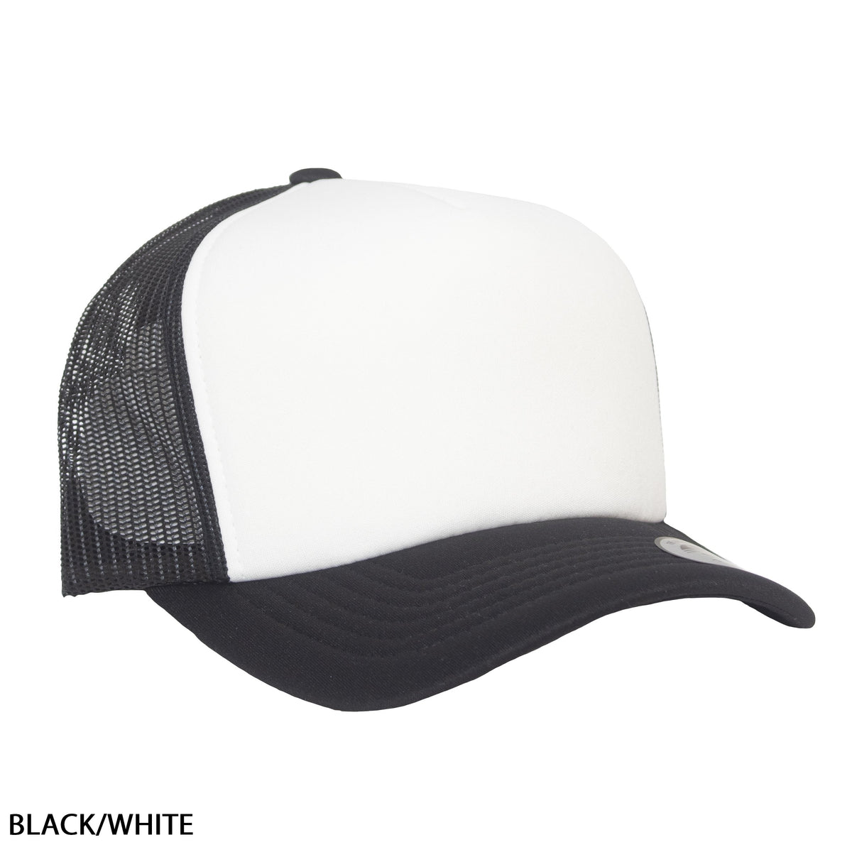 The FlexFit High Crown Trucker is a black and white polyester cap featuring a mesh back for breathability. It has a solid white front panel, black brim, and mesh. An adjustable snap-back ensures a perfect fit, with "BLACK/WHITE" in the bottom left corner.