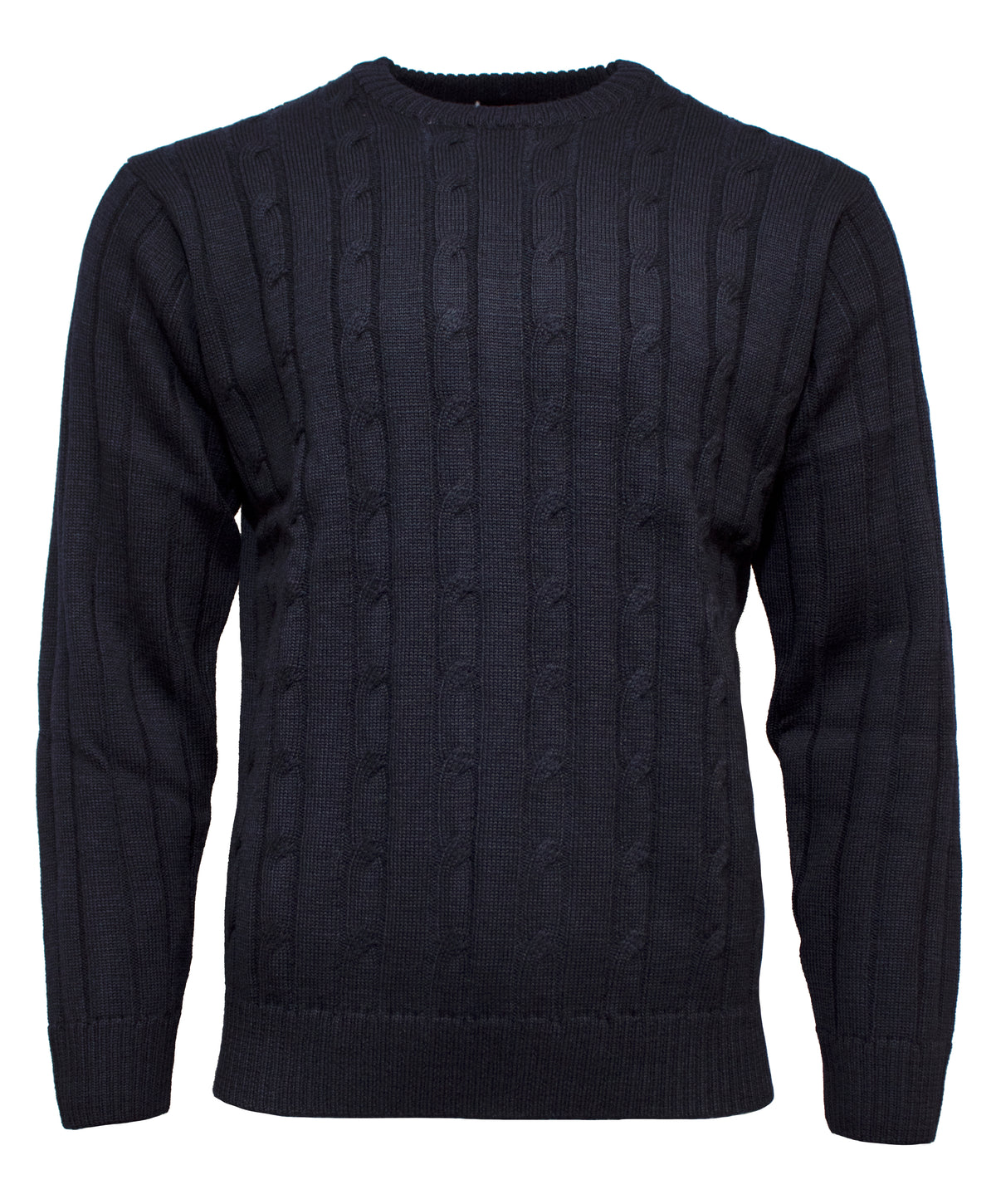 Ansett Pure Wool Cable Crew—a black, long-sleeve knit sweater featuring a classic wool crew neck and cable-knit design—displayed on a plain white background.