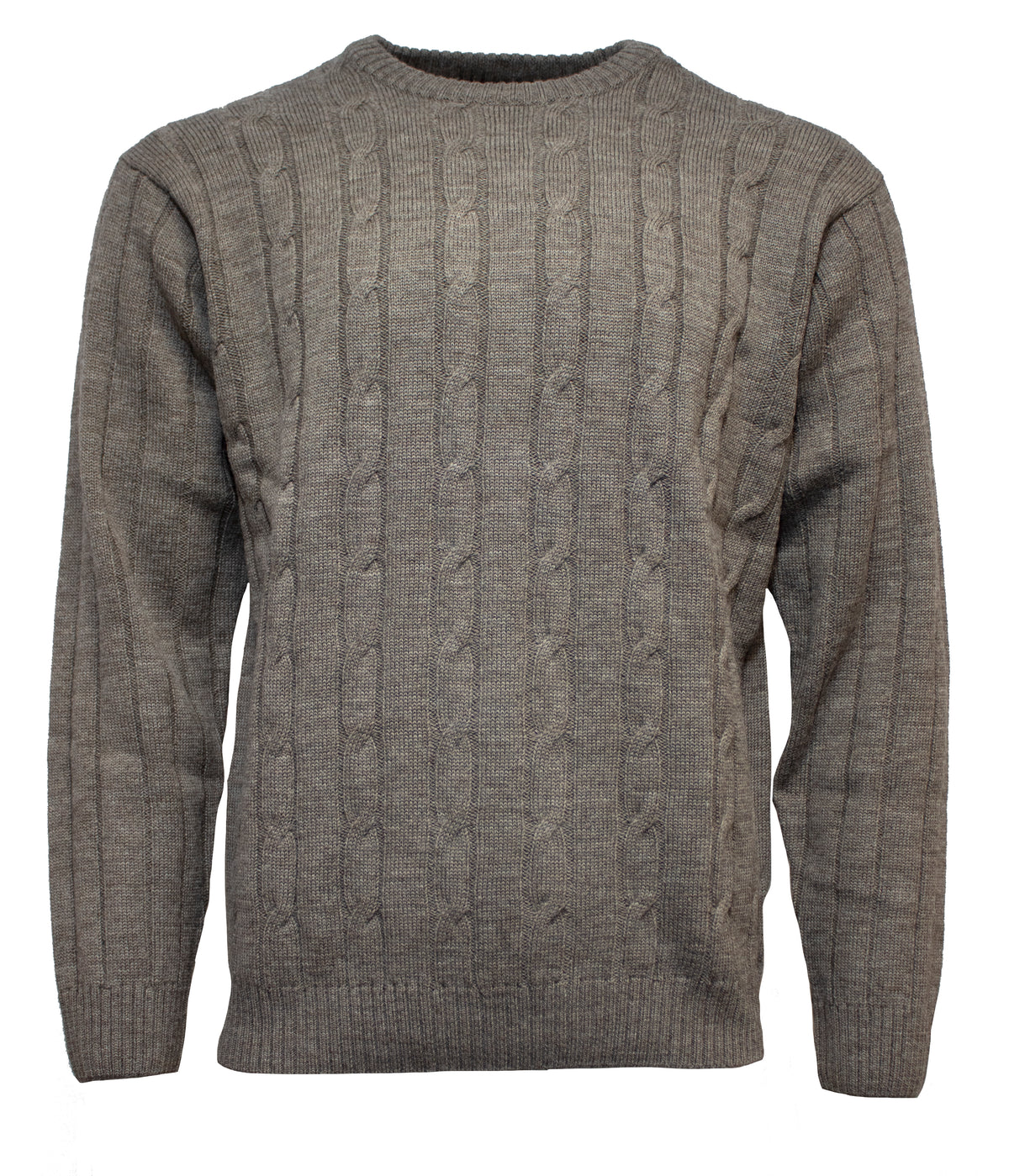 The Ansett Pure Wool Cable Crew is a light brown, long-sleeved wool sweater with a crew neck, vertical cable-knit patterns, and ribbed cuffs, hem, and collar for a cozy, casual style.