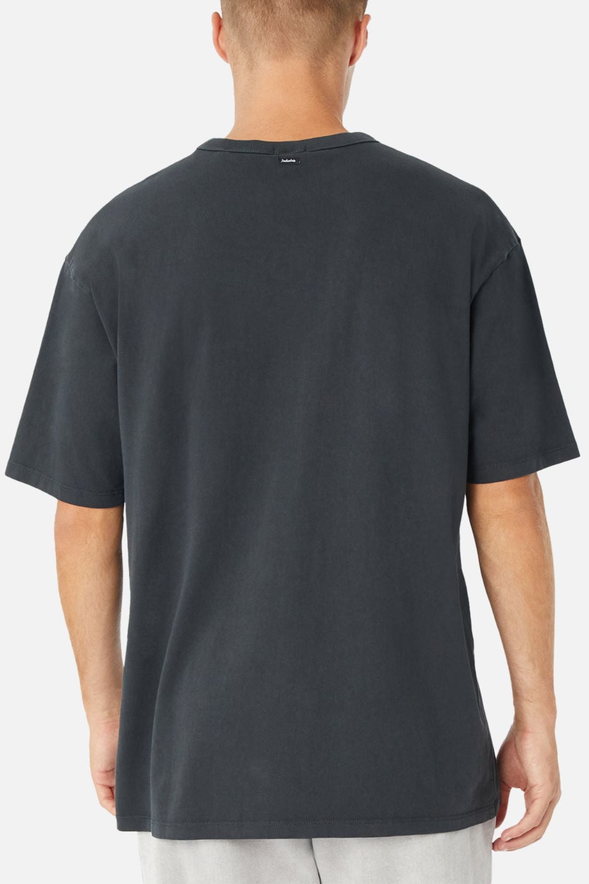 A person with short hair is shown from the back, wearing the Industrie The Del Sur Tee in dark gray and light gray shorts, standing against a plain, light background.