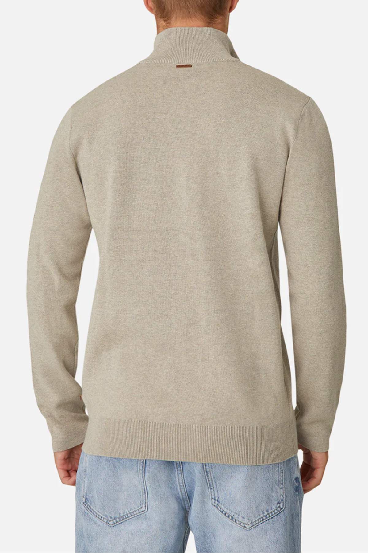 A person is wearing the Industrie The Lakewood Zip Neck, a light gray cotton jumper with a zip neck and ribbed cuffs, facing away. They're paired with light blue jeans against a plain white background.