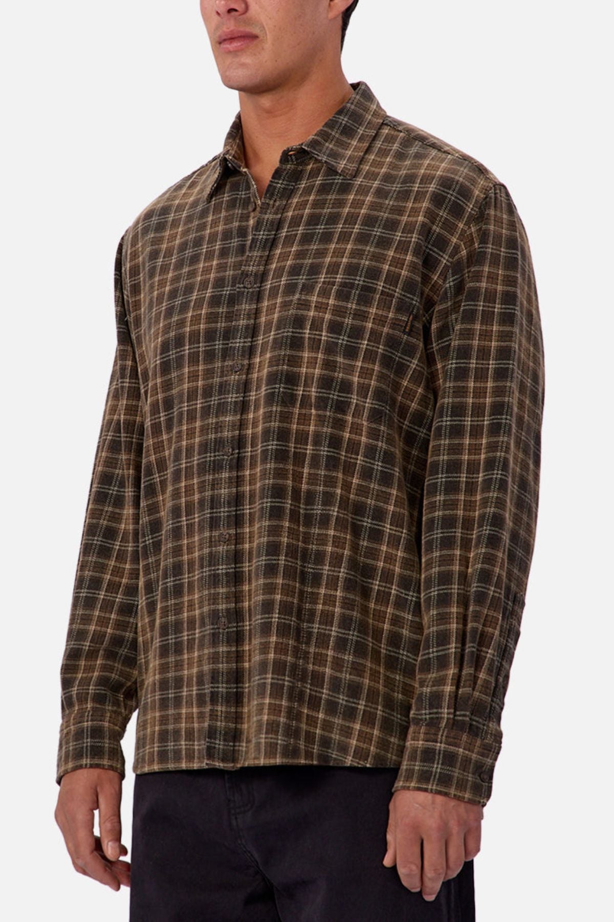 A person wearing the Industrie The Maple Long Sleeve Shirt in brown and green checks with black pants, standing against a plain white background.