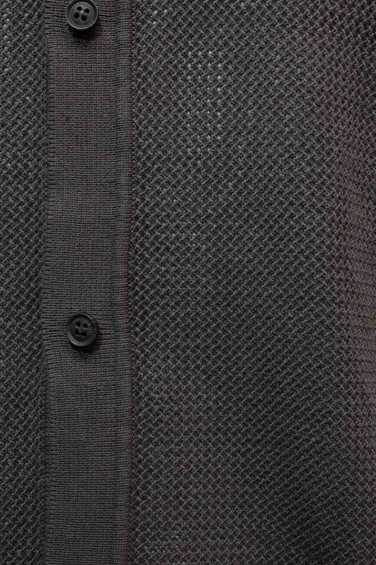 Close-up of the Industrie The Nanterre Short Sleeve Shirt in dark gray textured knit, showcasing a left-side button placket with two black buttons—ideal for relaxed casual style.
