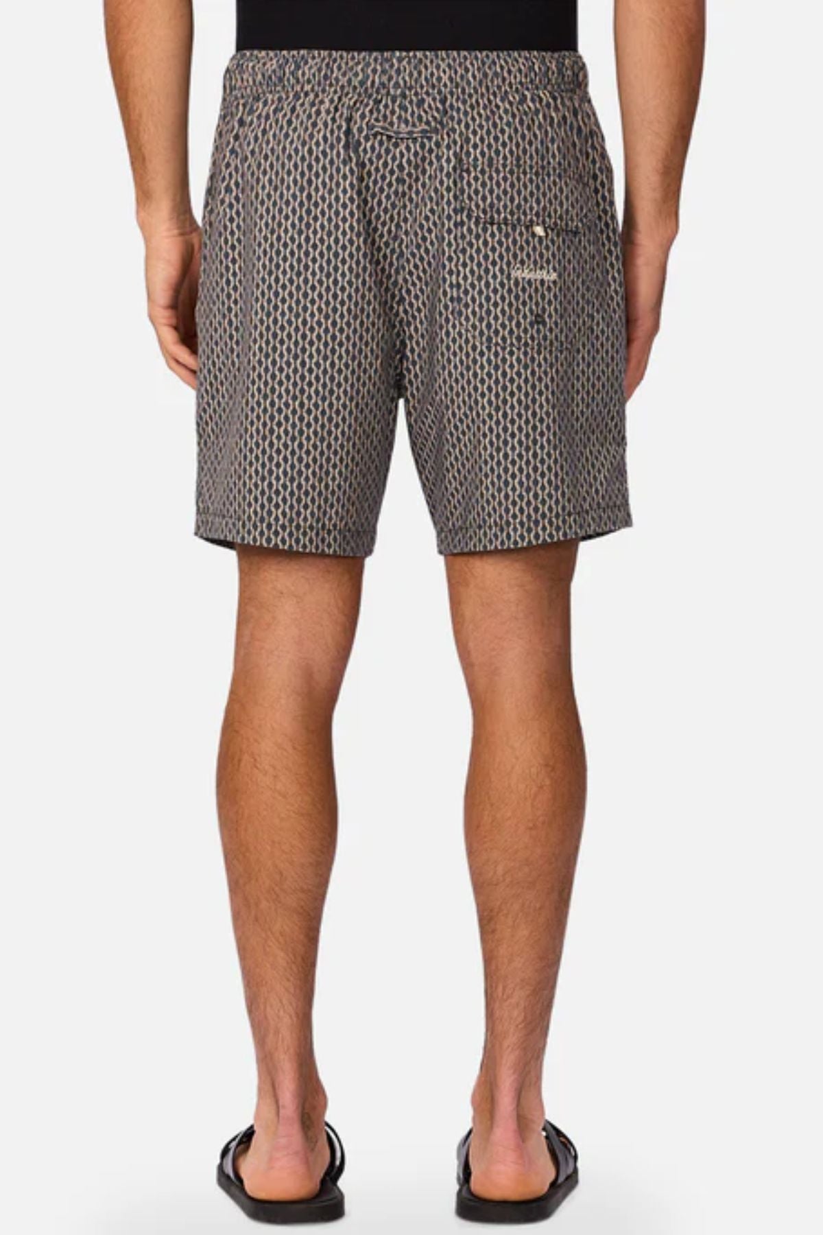 A person stands with their back to the camera, wearing Industrie The Savanna Swim Short with geometric print and back pocket, a black shirt, and black flip-flops. The quick-dry shorts stand out against a plain white background.