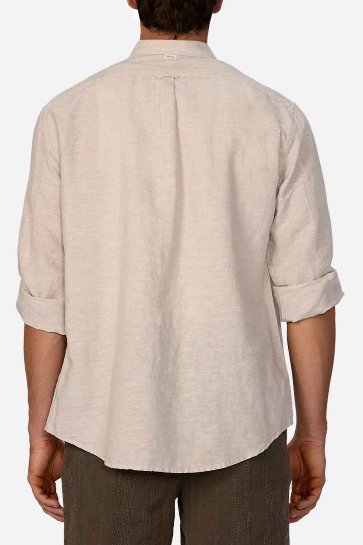 The back view showcases someone wearing the Industrie The Tennyson Linen Blend Shirt in beige, featuring rolled-up sleeves and a spread collar. This summery long-sleeve shirt is paired with dark pants against a plain white background.
