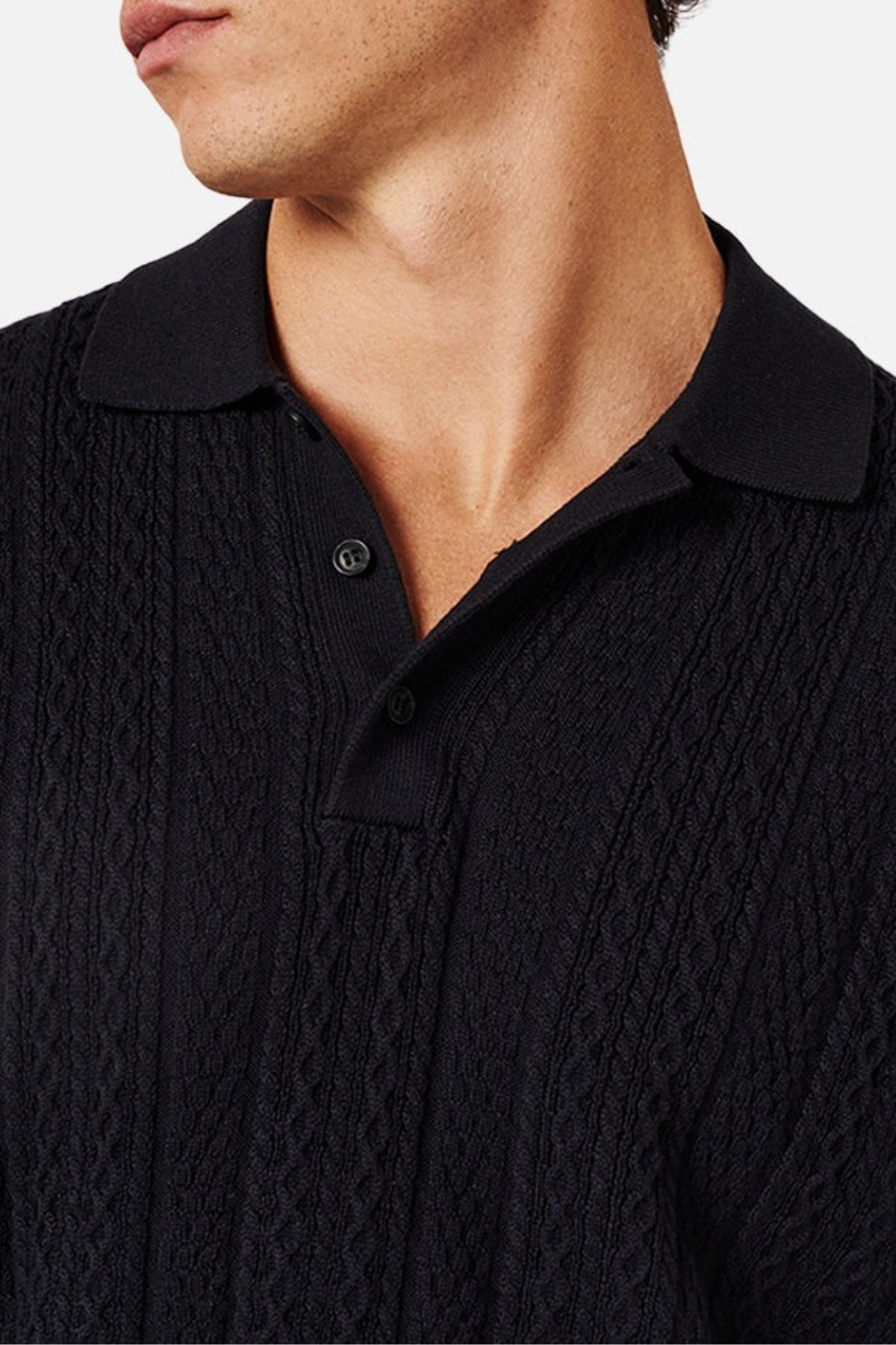 A close-up shows someone in a black collared knit sweater with a cable knit finish and button collar, similar to the Industrie The Vito Polo, facing slightly left against a plain white backdrop.