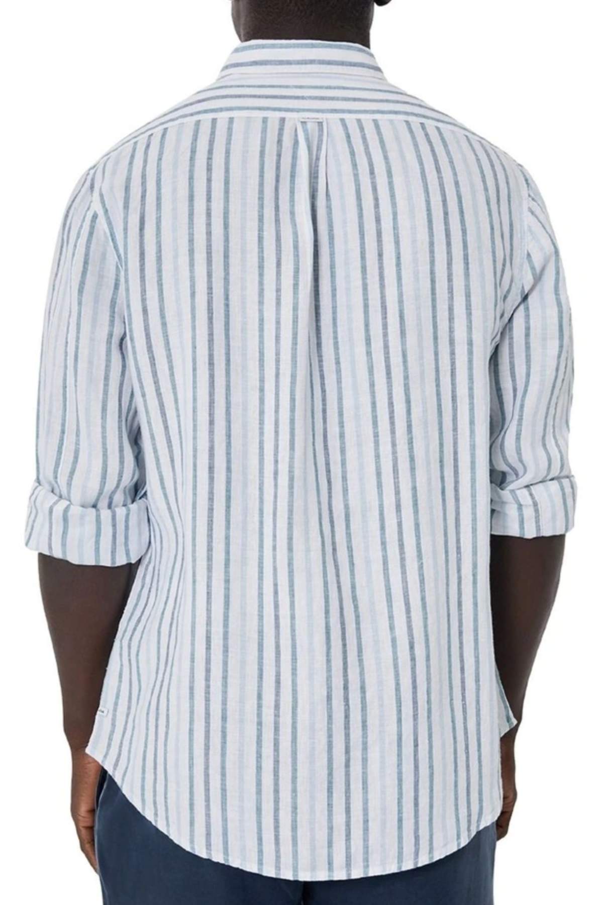 A person is seen from behind wearing an untucked Industrie The Webster Long Sleeve Shirt, featuring light blue and white vertical stripes and rolled-up sleeves. The shirt has a relaxed fit, a button-down collar, and is paired with dark pants.
