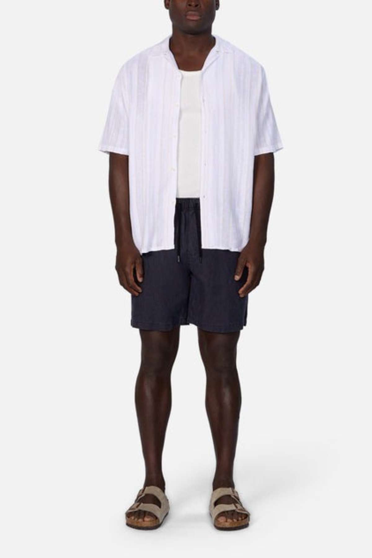 Industrie the Castion Mens SHirt - In colour Cream with a white stripe - a linen bend shirt - modelled with an open front look