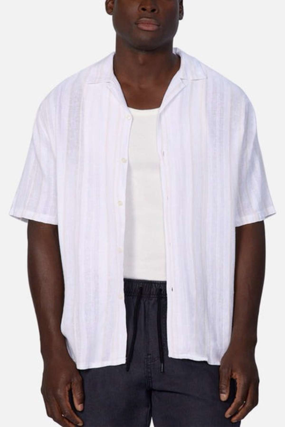 Industrie the Castino short sleeve shirt - stripe in  a linen blend shirt - modelled in an open front view 