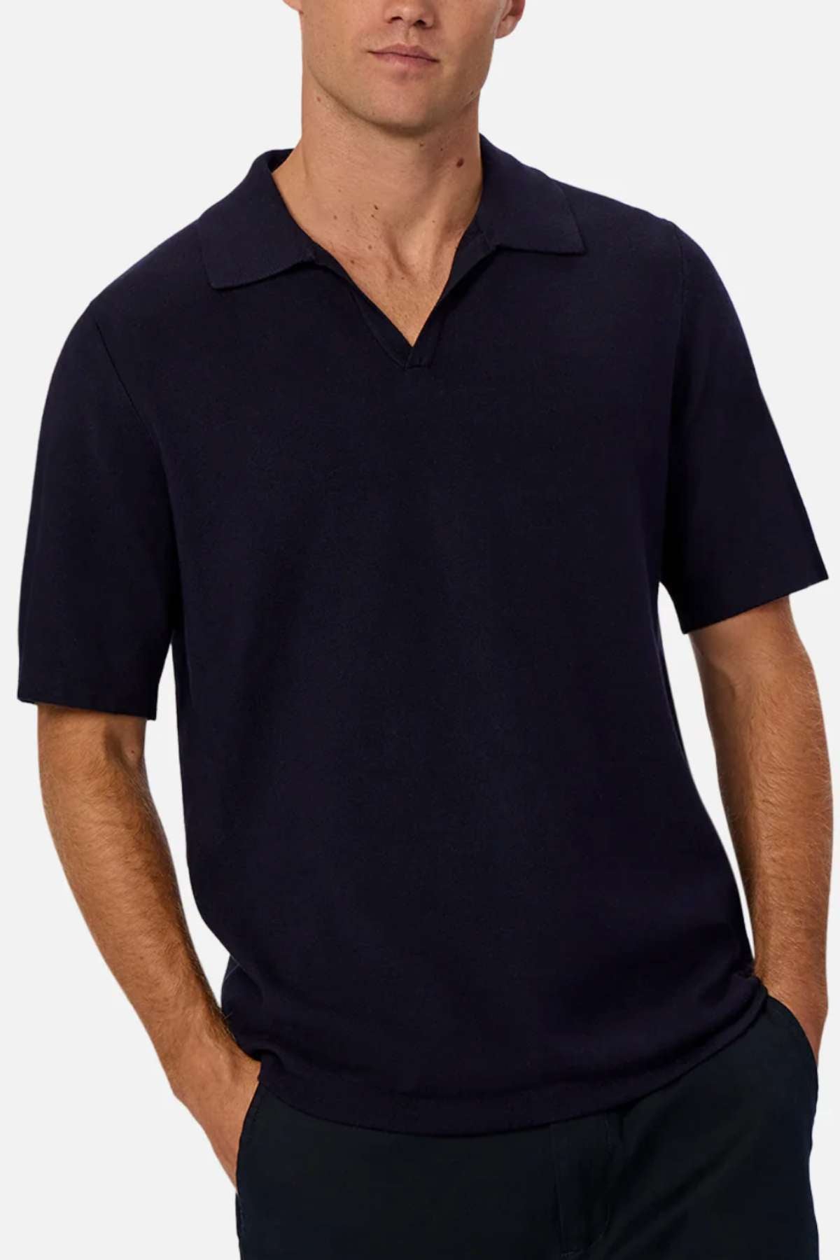 Industrie The Hampshirt Polo - Navy. Front facing image of navy polo shirt on model