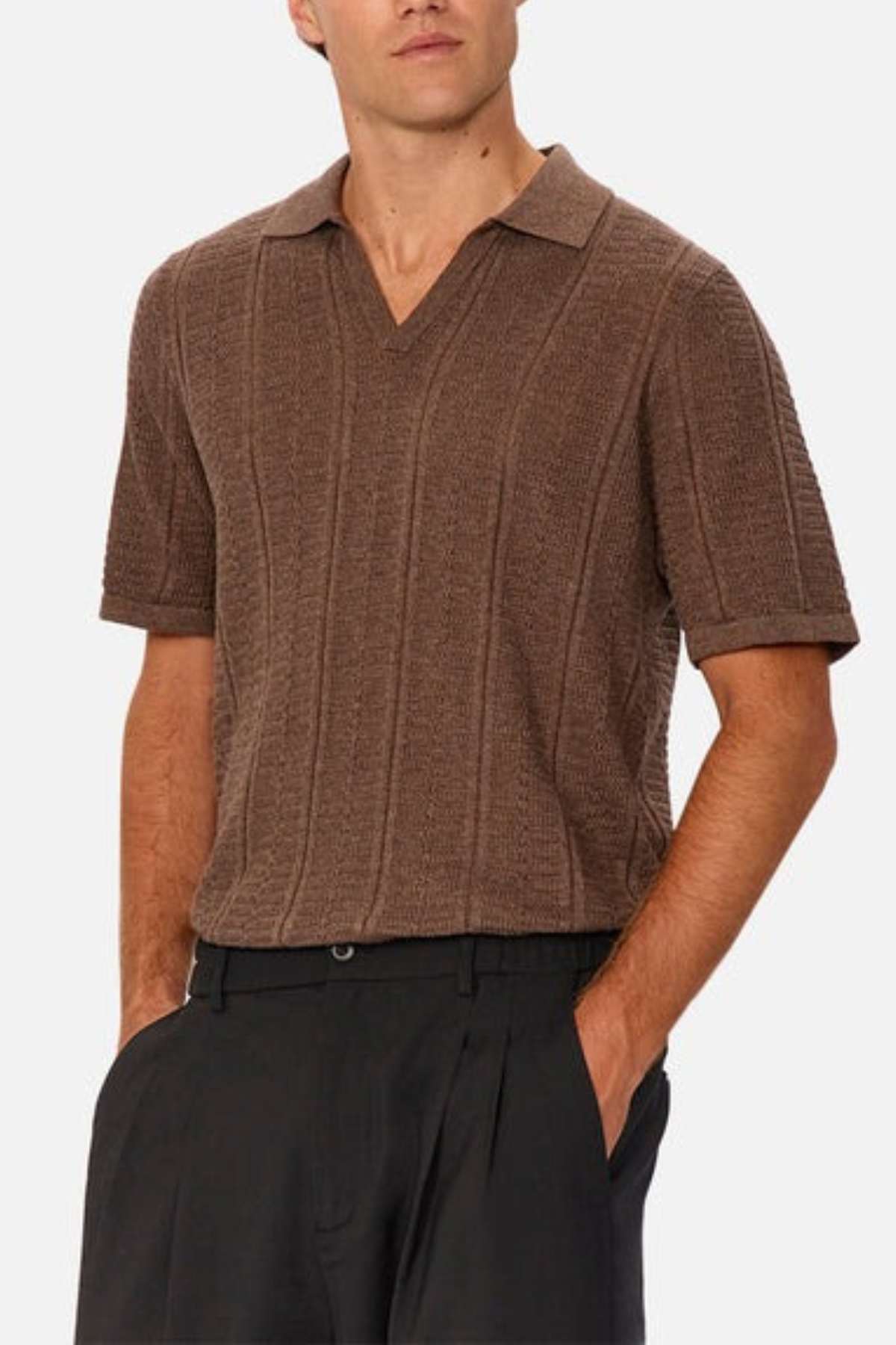 Industrie the Nimes Polo Shirt in Brown Marle - Close up view with a v-neck and collar on this shirt