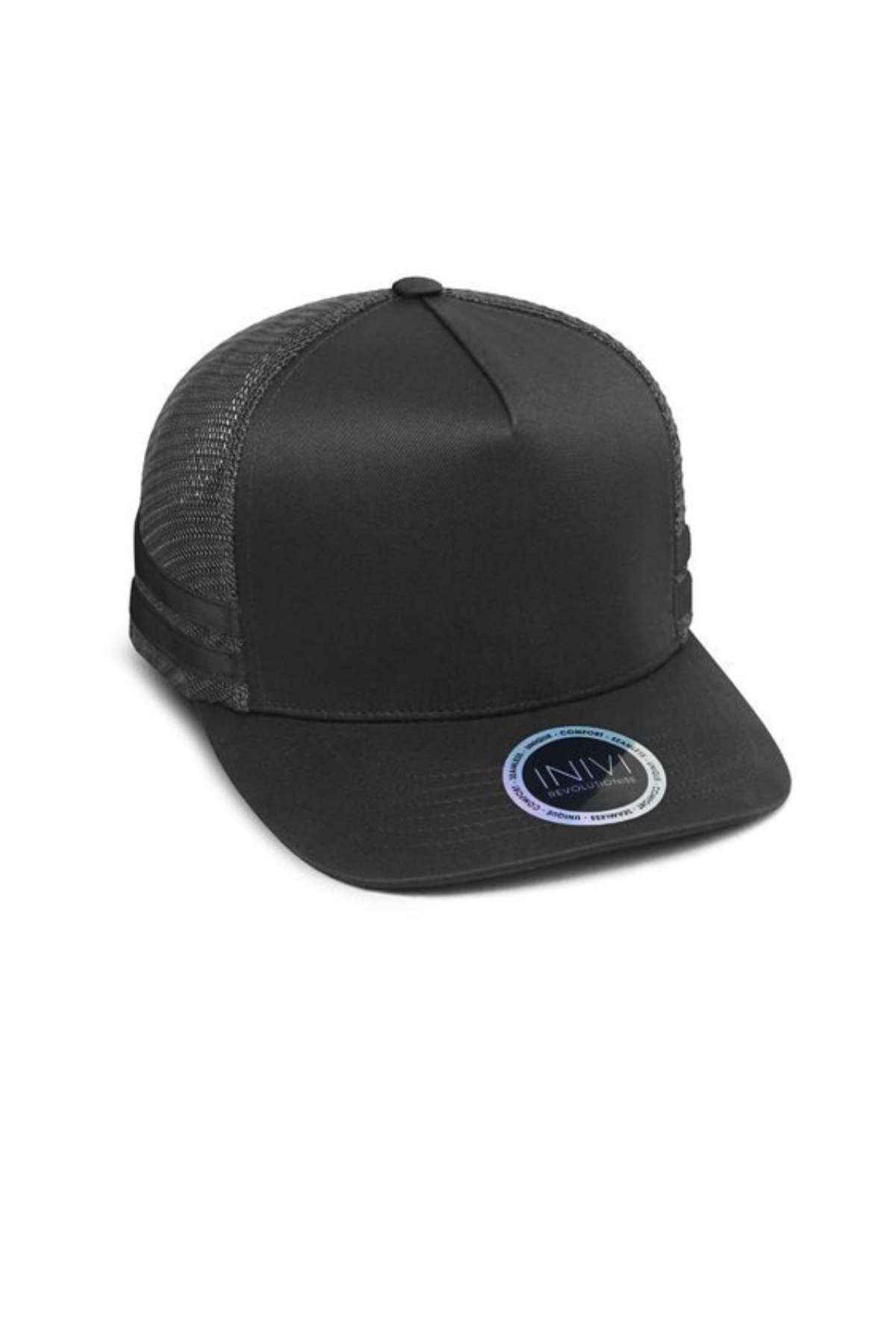The Inivi Striped Trucker Cap is a black hat with stripes, a mesh back, flat brim, and circular visor sticker. It offers breathable comfort for everyday wear, features an adjustable strap, and is shown on a plain white background.