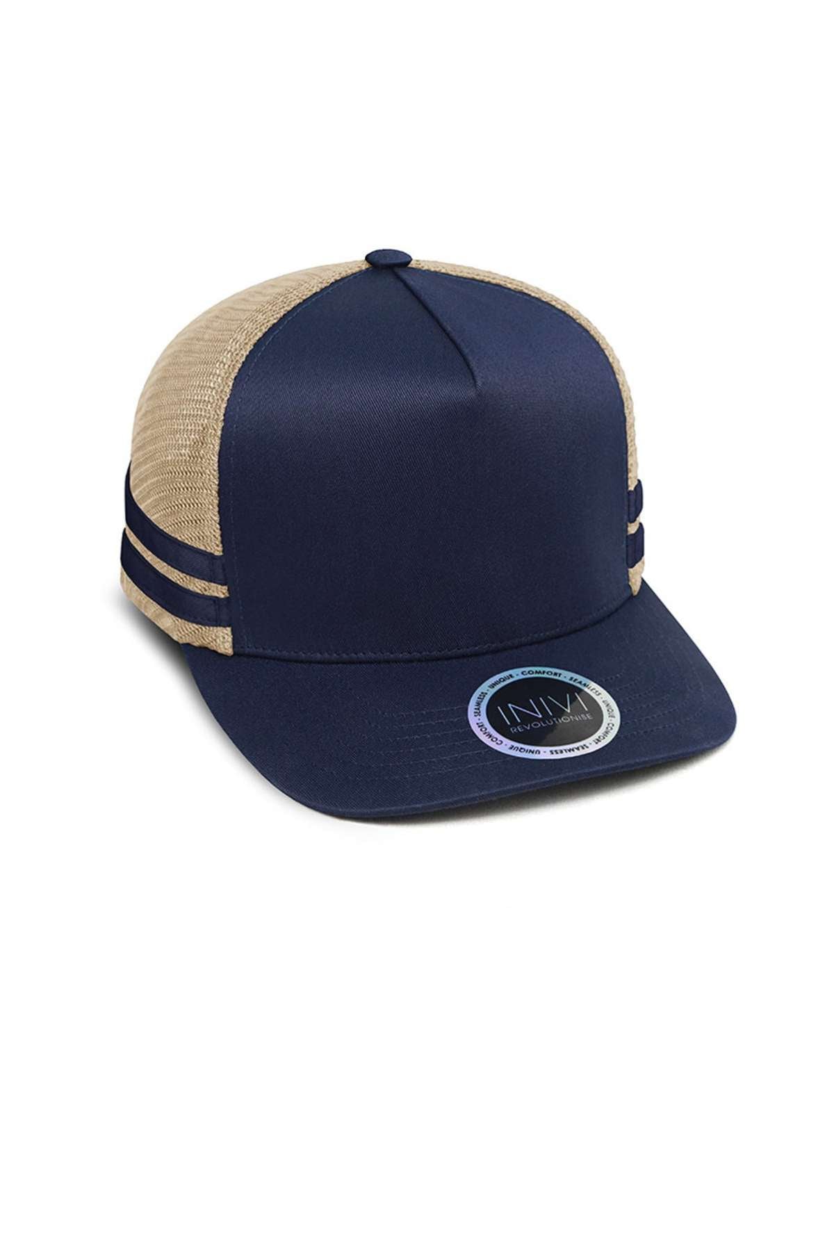 The Inivi Striped Trucker Cap features a navy blue and beige design with two horizontal stripes on the side, a circular logo sticker on the flat brim, breathable mesh fabric, and an adjustable strap for comfort.