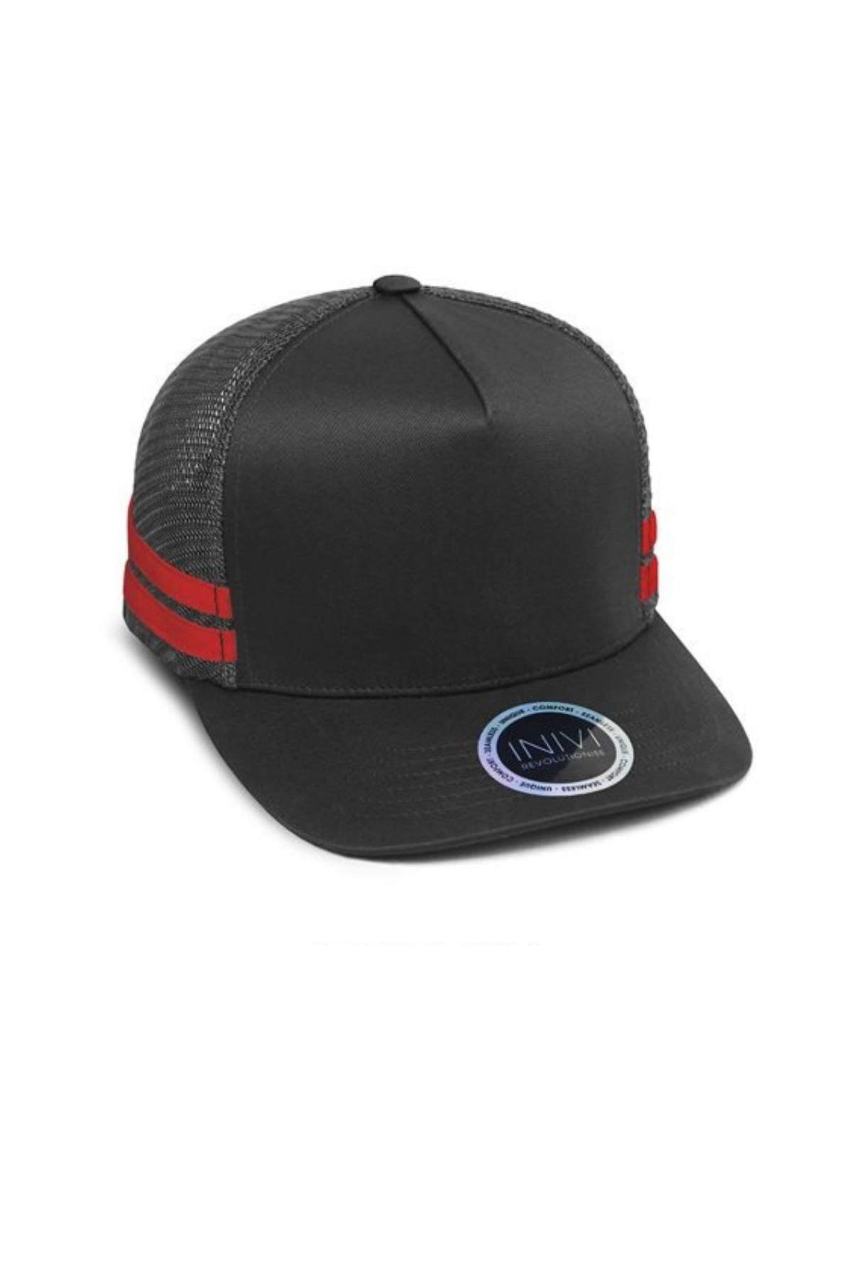 The Inivi Striped Trucker Cap features a flat brim and black mesh with two bold red stripes. It has a circular logo sticker on the front, breathable mesh in the back for comfort, and an adjustable strap for a perfect fit, all set against a plain white background.