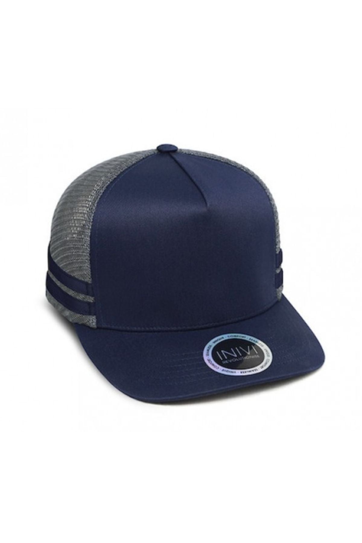 The Inivi Striped Trucker Cap is navy blue with a mesh back and two dark side stripes. It has a lightweight, breathable design with an adjustable strap for a perfect fit. The solid front panel is adorned with a round sticker on the brim.