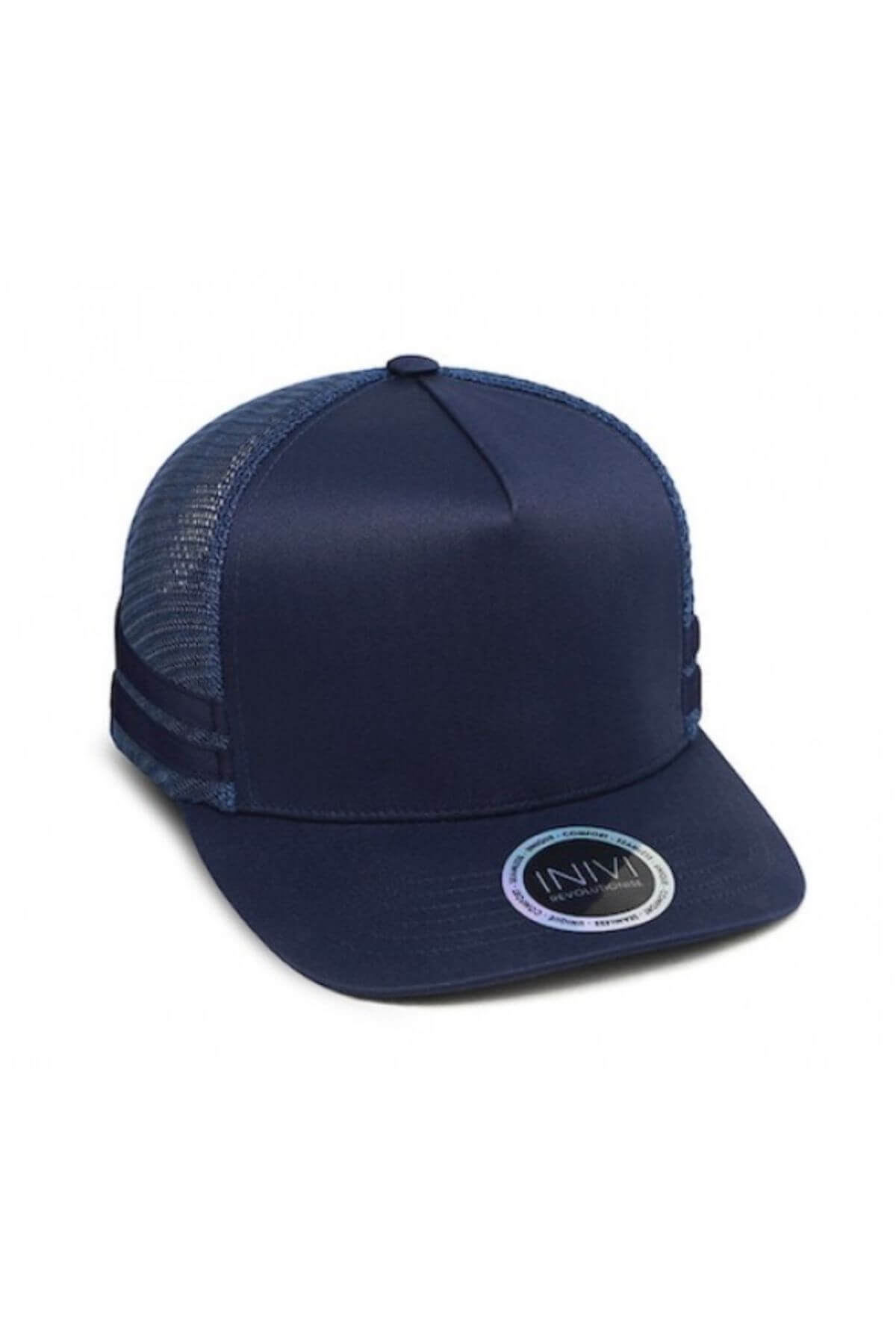 The Inivi Striped Trucker Cap is a navy blue hat with a mesh back, flat brim, round sticker, and adjustable strap. It offers breathable comfort for daily wear and has a plain front panel with no visible logo or design.