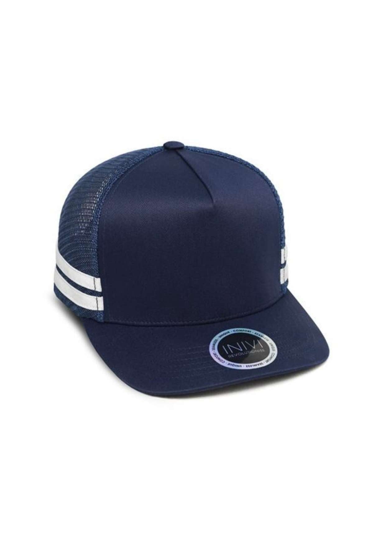 The Inivi Striped Trucker Cap is a navy blue hat that features a solid front panel, adorned with two white stripes on each side. It includes a breathable mesh back, a flat brim with a circular sticker on the front, and an adjustable strap to ensure the perfect fit.