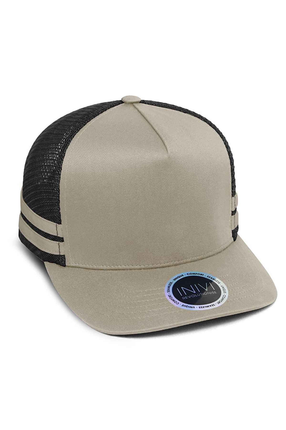 The Inivi Striped Trucker Cap showcases a solid beige front and a black mesh back, highlighted by black side stripes. Designed with a flat brim and sticker detail, it offers breathable comfort for everyday wear. Its adjustable strap guarantees a perfect fit.