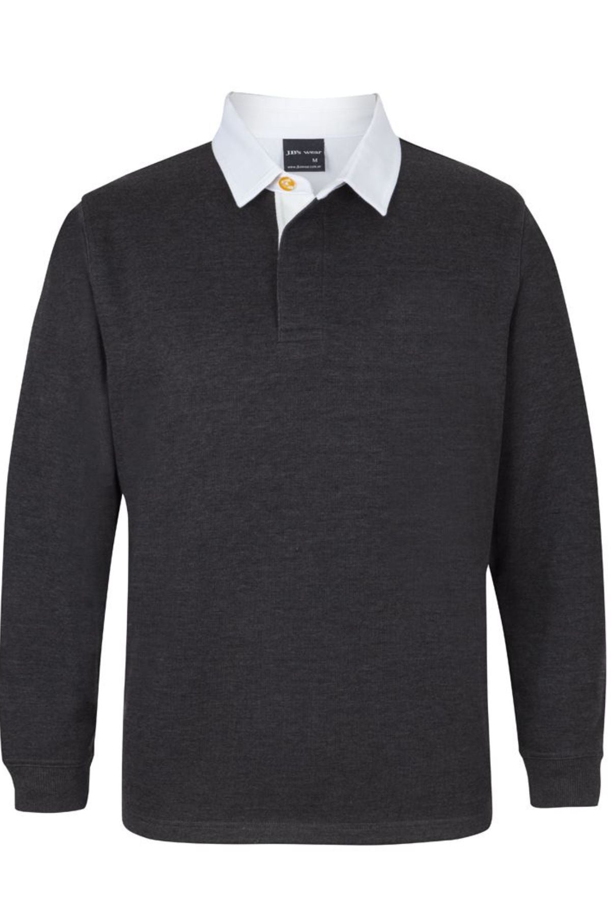 The JBs Rugby is a long-sleeved, dark gray shirt with a white collar and buttoned neckline, ideal as a winter or casual jumper, shown on a plain white background.