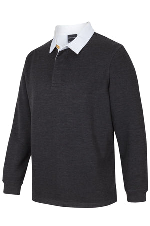 JBs Rugby: A dark gray, long-sleeved rugby shirt with a white collar and single neck button, offering a stylish casual jumper look, shown on a plain white background.