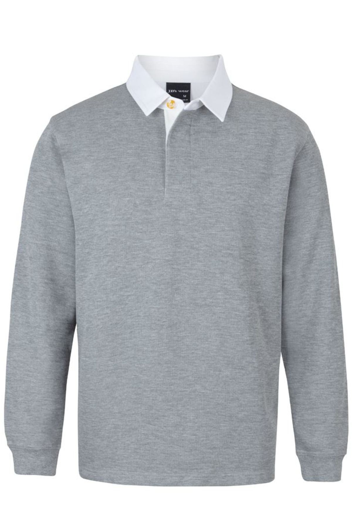 The JBs Rugby is a light gray, long-sleeve casual jumper with a white collar and single button at the neckline, styled like a rugby shirt and shown on a plain white background.