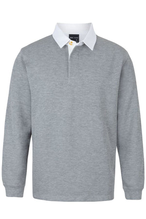 The JBs Rugby is a light gray, long-sleeve casual jumper with a white collar and single button at the neckline, styled like a rugby shirt and shown on a plain white background.