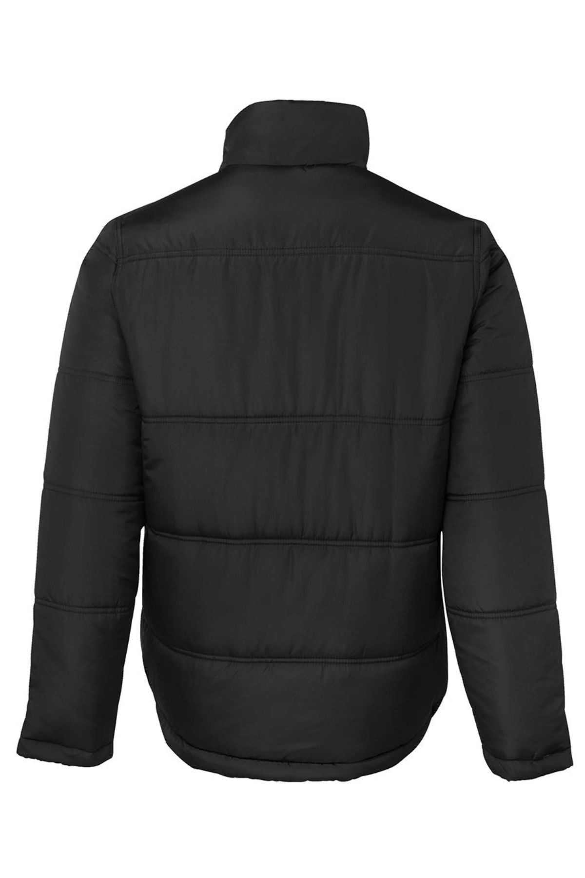 The JBs Adventure Jacket is shown from the back in black, with horizontal quilting, a high collar, and long sleeves. Made from durable polyester, it delivers warmth and style for outdoor adventures.