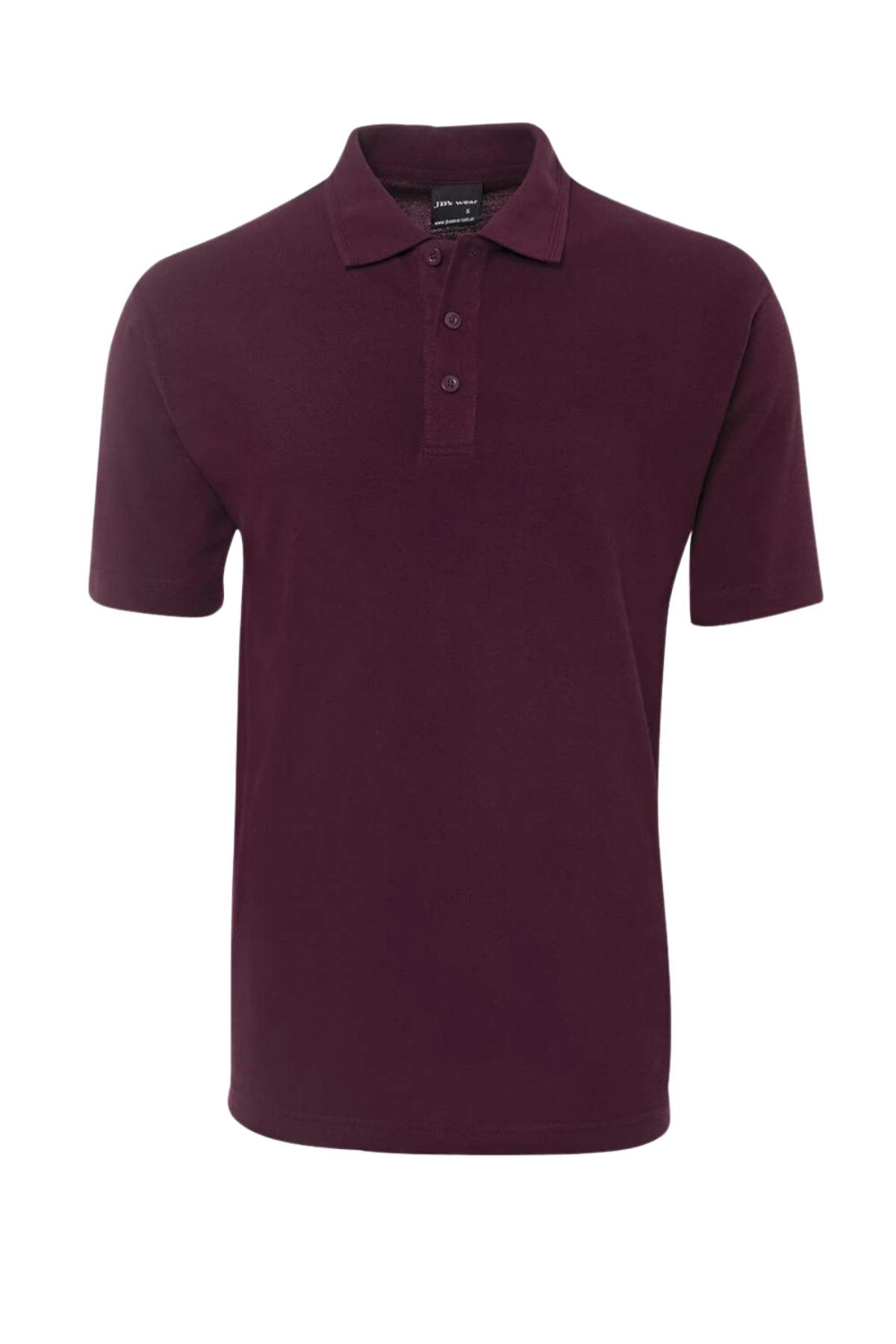The JBs Short Sleeve Polo is a dark purple shirt made from durable fabric, featuring short sleeves, a collar, a classic fit, and a three-button placket. It is showcased against a plain white background.
