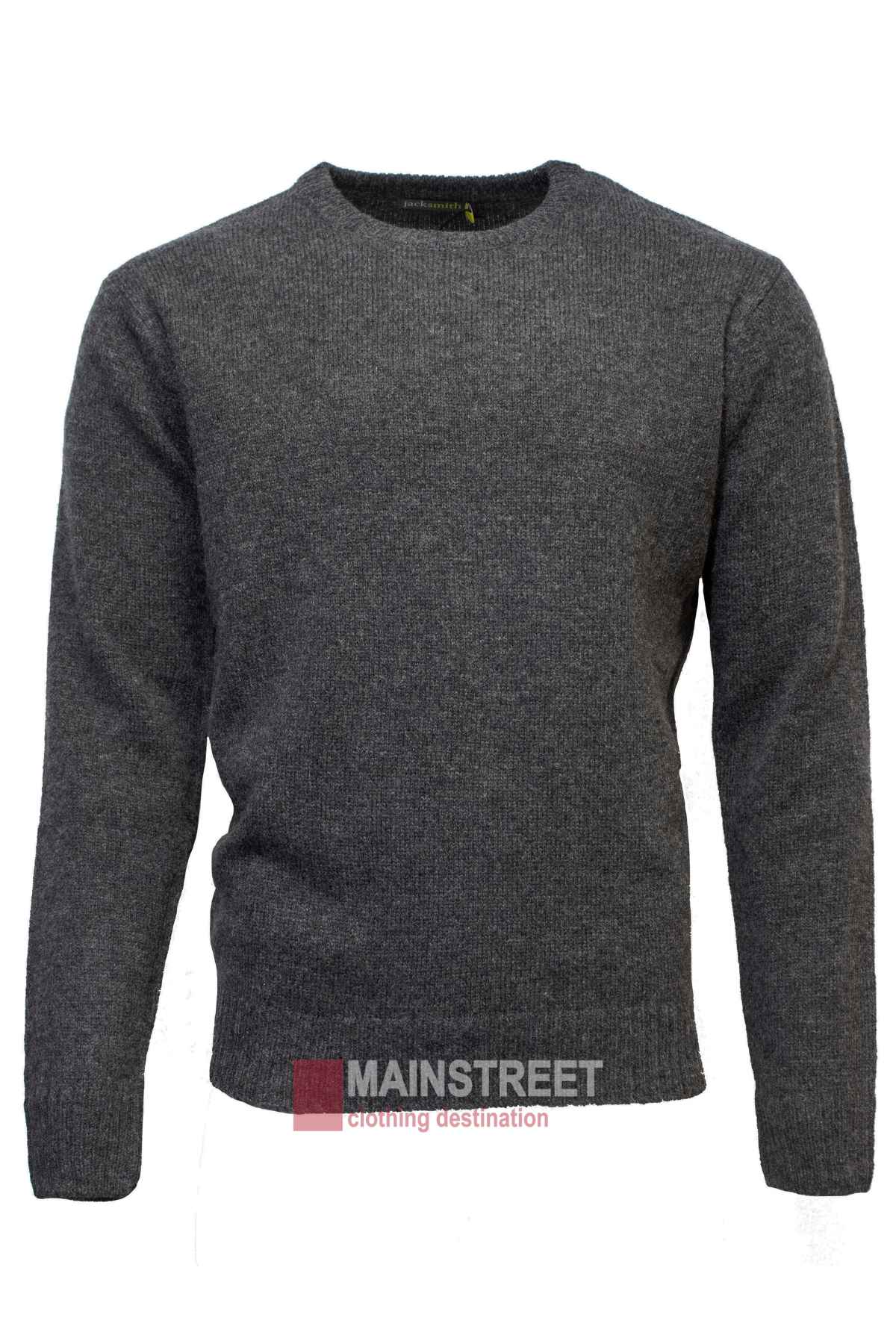 Jack Smith Shetland Wool Crew Neck Pullover: A grey, 100% wool jumper with long sleeves and a round neckline. Displayed on a white background, it has a classic design with the "MAINSTREET clothing destination" logo and text at the bottom center.