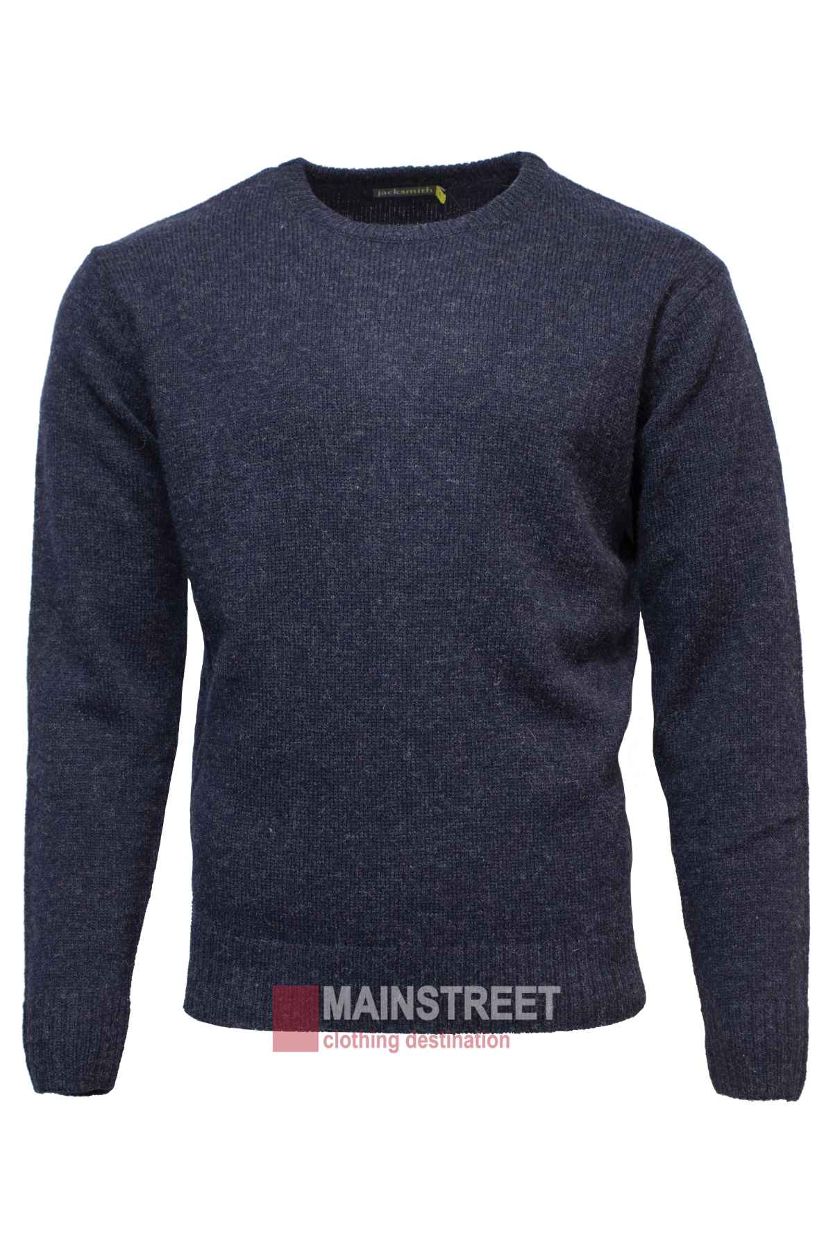 The Jack Smith Shetland Wool Crew Neck Pullover, crafted from 100% navy blue wool, features a round neckline with ribbed cuffs and hem. Set against a white backdrop, it reflects style and comfort through its regular fit.