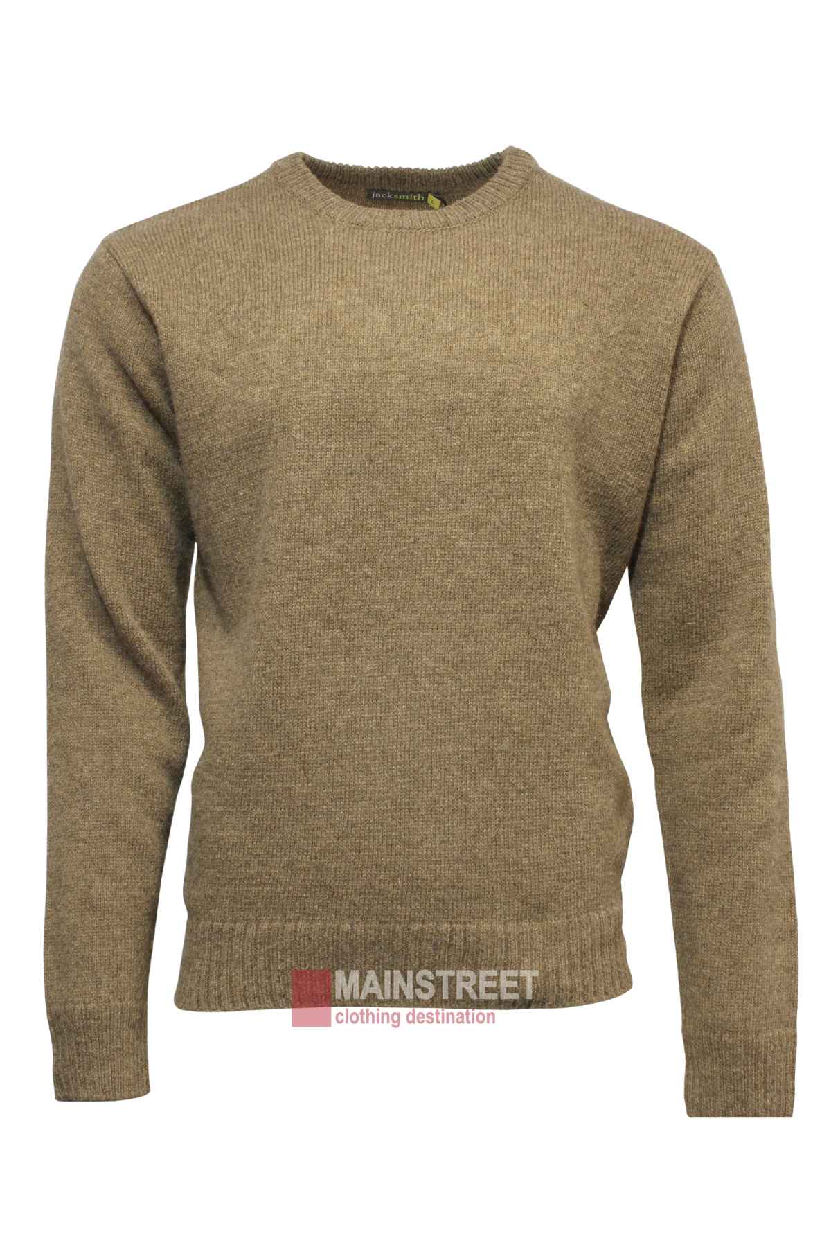 A khaki-colored, long-sleeve Jack Smith Shetland Wool Crew Neck Pullover displayed against a white background. The stylish sweater features ribbed cuffs, hem, and neckline. Text at the bottom reads "MAINSTREET clothing destination.