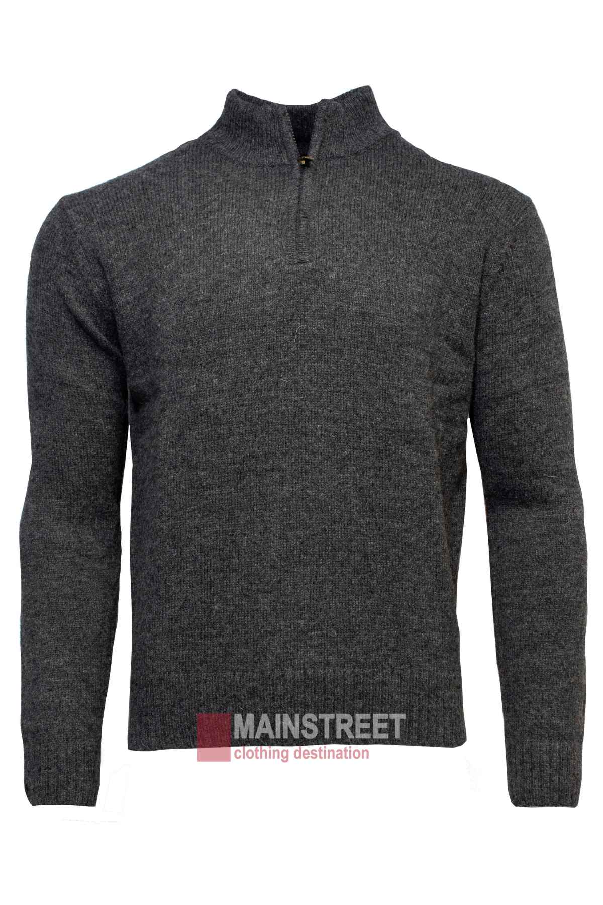 The Jack Smith Shetland Wool Zip Pullover, a gray long-sleeve half-zip knitted sweater, is displayed against a white background. The partially open zip reveals the ribbed texture of this stylish jumper. Made from 100% wool for added comfort, the logo and branding text "Mainstreet clothing destination" are positioned below the sweater.