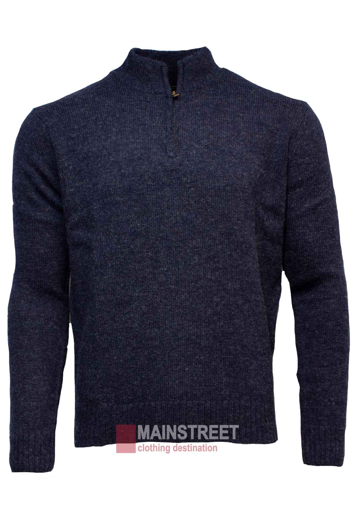 The Jack Smith Shetland Wool Zip Pullover is a long-sleeve, dark gray jumper with a quarter-zip neck. The main body and sleeves feature a ribbed knit texture, and the zipper has a small leather pull tab. Text at the bottom says "MAINSTREET clothing destination" in white and red letters. Crafted by Jack Smith from 100% wool.