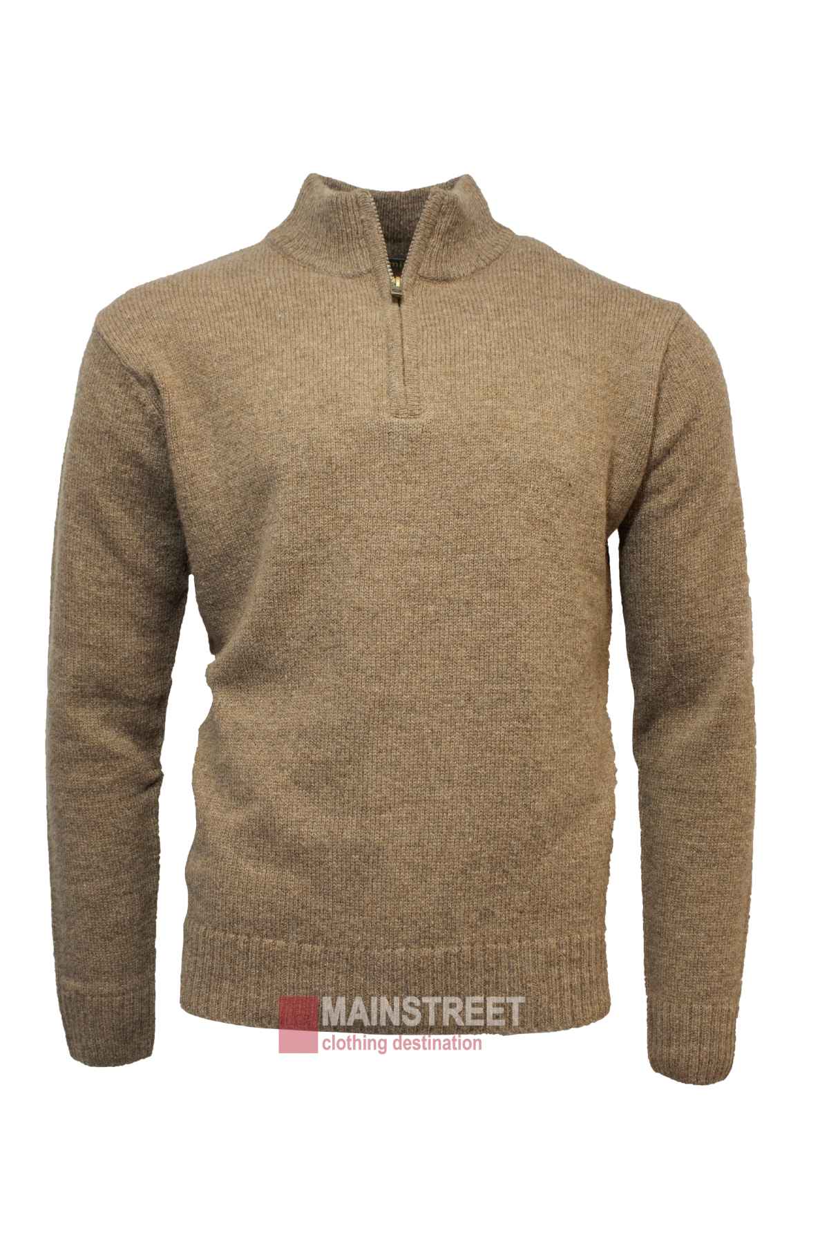 A beige, long-sleeve Jack Smith Shetland Wool Zip Pullover made of 100% wool is displayed against a white background. The comfortable jumper appears to be made of high-quality material with a quarter-zip collar. The words "MAINSTREET clothing destination" are visible near the bottom of the image.