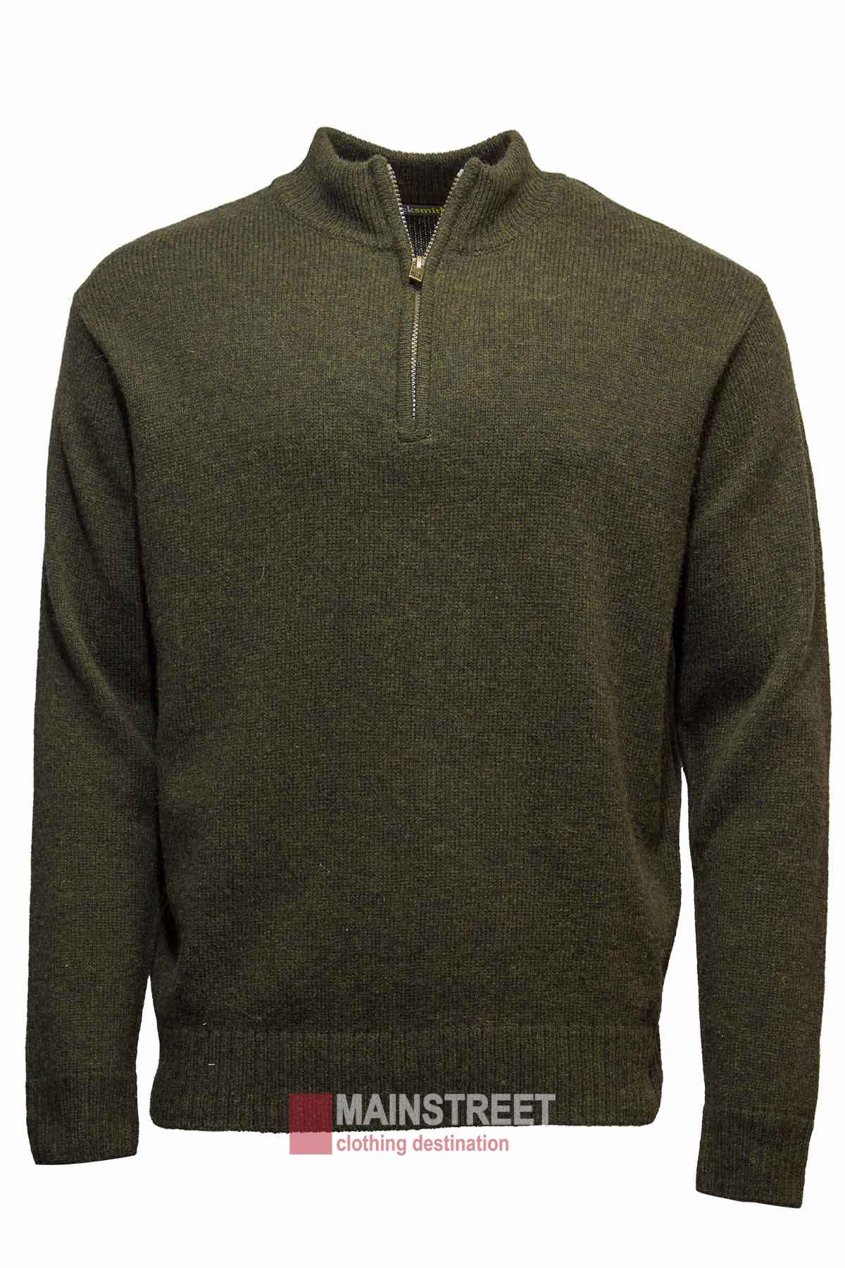 The Jack Smith Shetland Wool Zip Pullover, a dark green, 100% wool, long-sleeve stylish jumper is displayed against a white background. The sweater features a ribbed texture with a high collar and a half-zip front. The words "Mainstreet Clothing Destination" appear at the bottom.