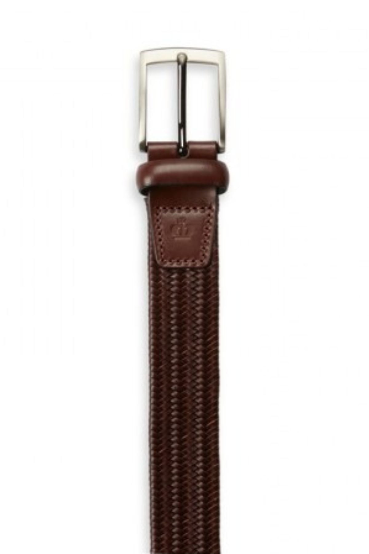 The Jeff Banks Woven Stretch Belt is a brown leather belt with a silver rectangular buckle, leather loops, and a stitched leather section at the tip. It features a woven design on a plain white background.