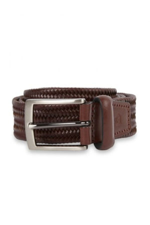 The Jeff Banks Woven Stretch Belt is a coiled brown leather accessory featuring a silver metal buckle, textured pattern, and an embossed logo near the buckle, perfectly blending style and functionality.
