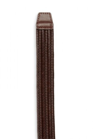 The Jeff Banks Woven Stretch Belt features a brown color, expertly crafted in woven leather with a rectangular leather end piece for both comfort and style.
