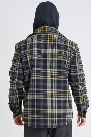 A person in a black hoodie and a Jetpilot Quilted Flannel Jacket, featuring black, gray, and yellow colors, stands facing away from the camera against a plain white background.