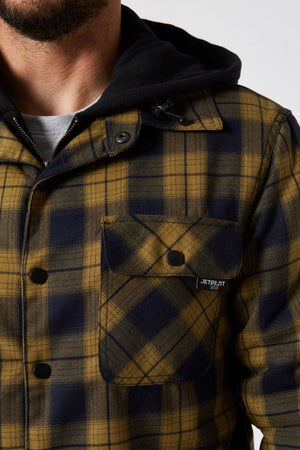 A person wears a yellow and navy Jetpilot Quilted Flannel Jacket with a front pocket and black snap button over a dark hoodie; only their lower face, neck, and chest are visible.