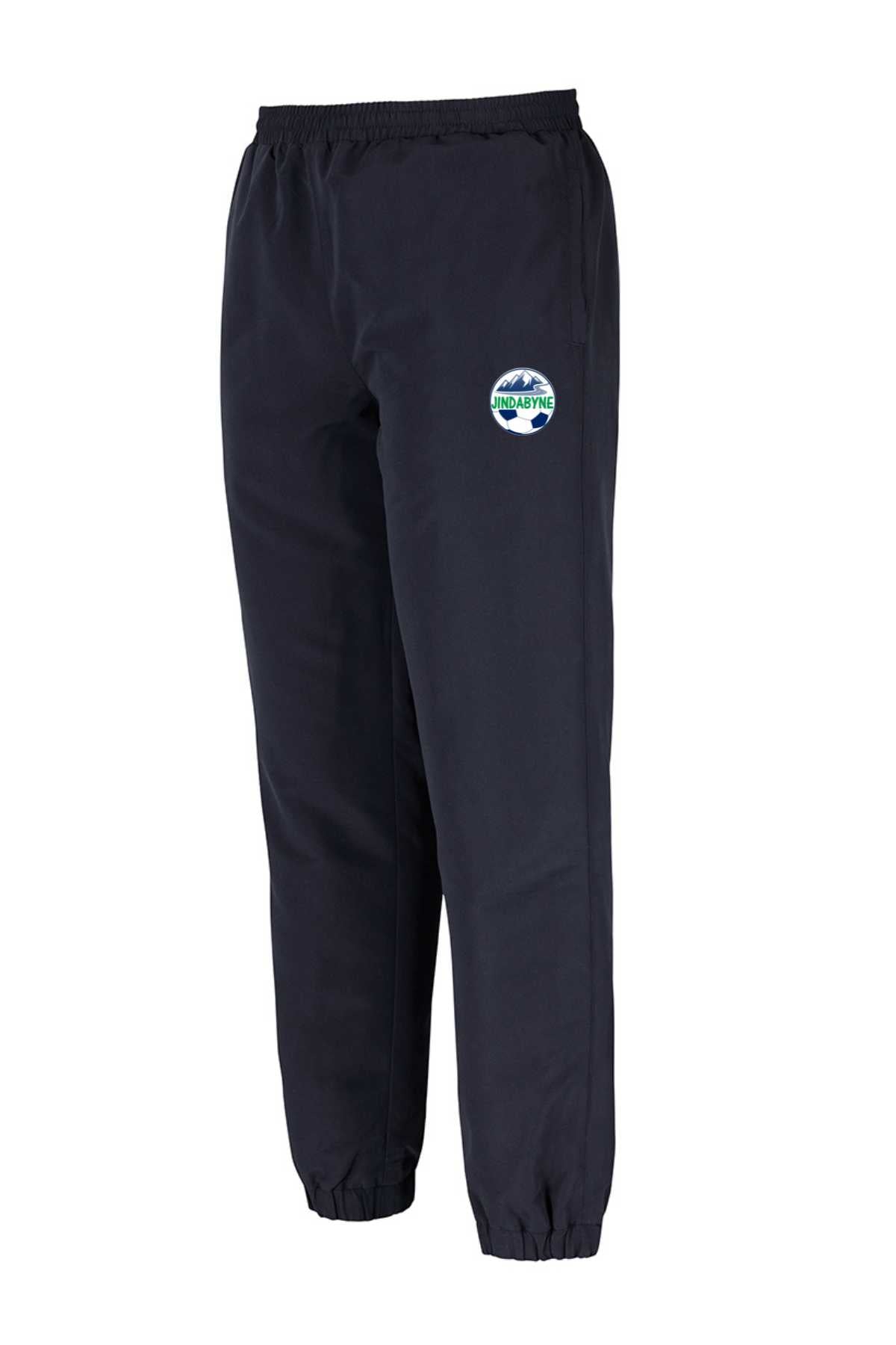 The Jindabyne Football Club Trackpant features black fabric, elastic waistband and cuffs, and a blue-green round "UNDAF NG" logo on the upper left thigh. Pre-order required; minimum order quantity applies.