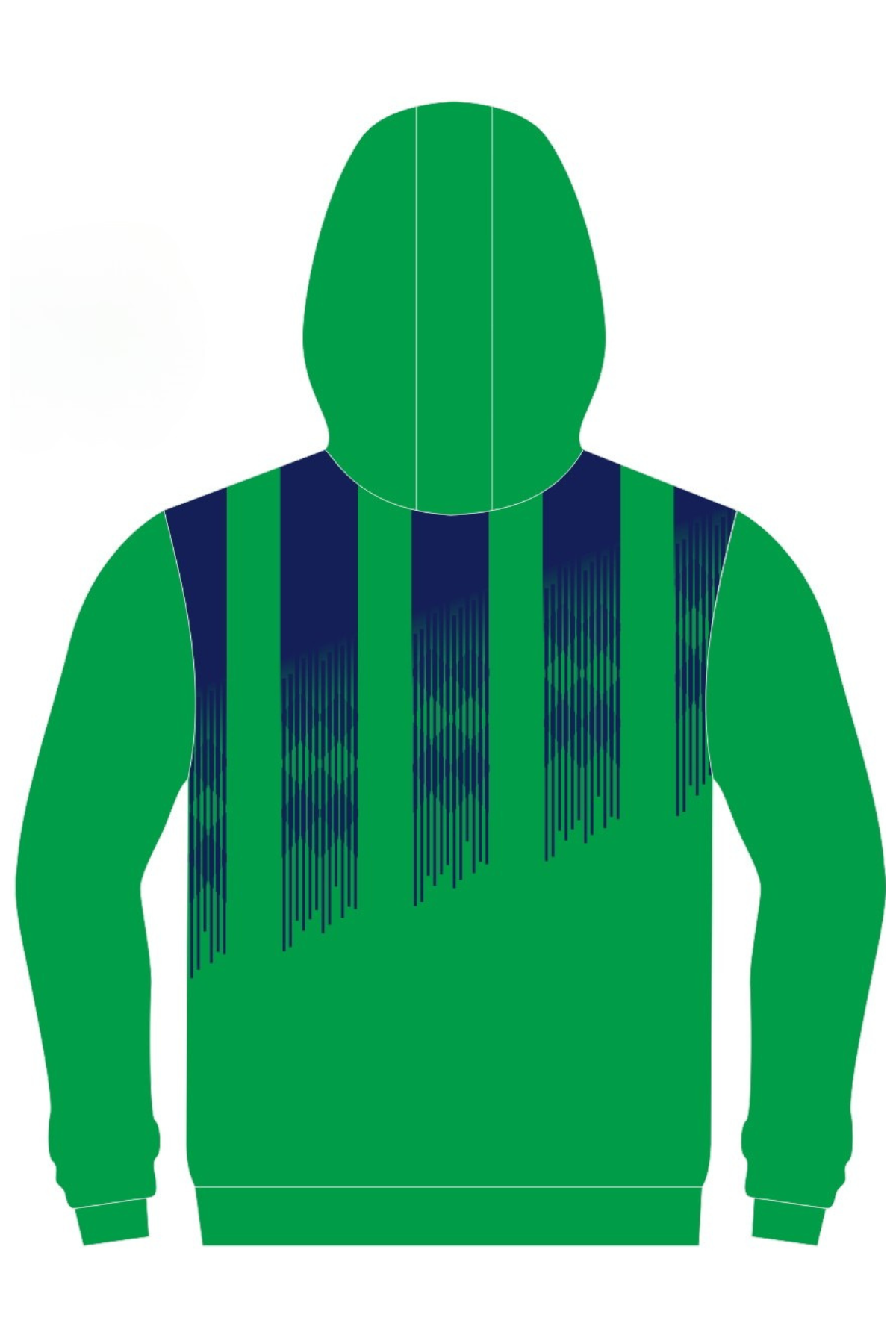 The Jindabyne Football Club Full Zip Polar Fleece Hoodie features a green design with dark blue vertical stripes and a dotted gradient on the right shoulder and chest, seen from the back. Pre-order now—perfect for Jindabyne FC fans!.