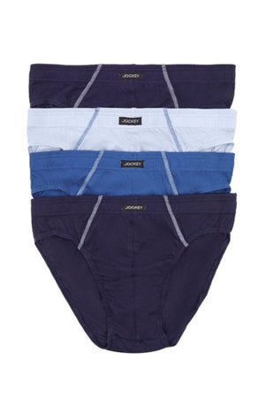 The Jockey Cotton Brief 4PK includes four pairs of men's briefs in navy, light blue, and blue, each with a visible branded waistband for classic comfort and style.