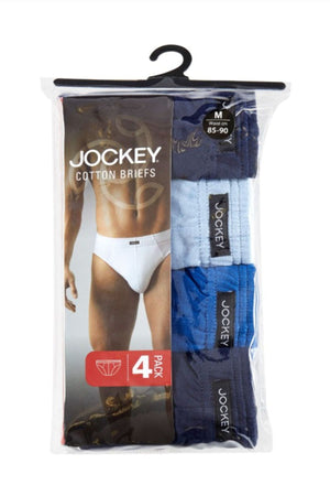 A clear plastic pack contains four pairs of Jockey Cotton Brief 4PK in assorted blue shades, with a label showing a man in white briefs and text stating it’s a men’s 4-pack, size medium (85-90 cm).
