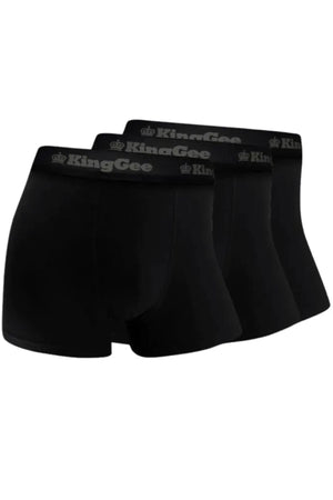 Get three pairs of King Gee Bamboo Work Trunks, each with a black waistband featuring the KingGee logo and crown in gray. Moisture-wicking fabric keeps you comfortable all day.