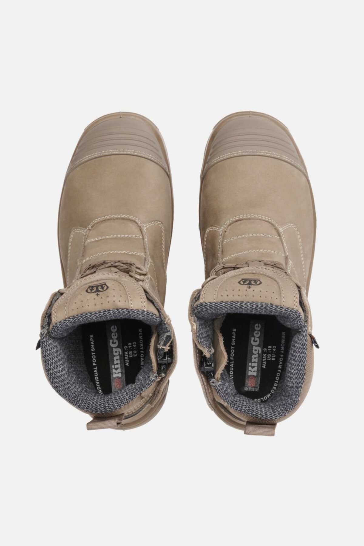 A pair of tan King Gee Bennu Pro 6 Work Boots with gray padded interiors and slip-resistant outsoles, seen from above on a white background. "KingGee" branding appears on the insoles.
