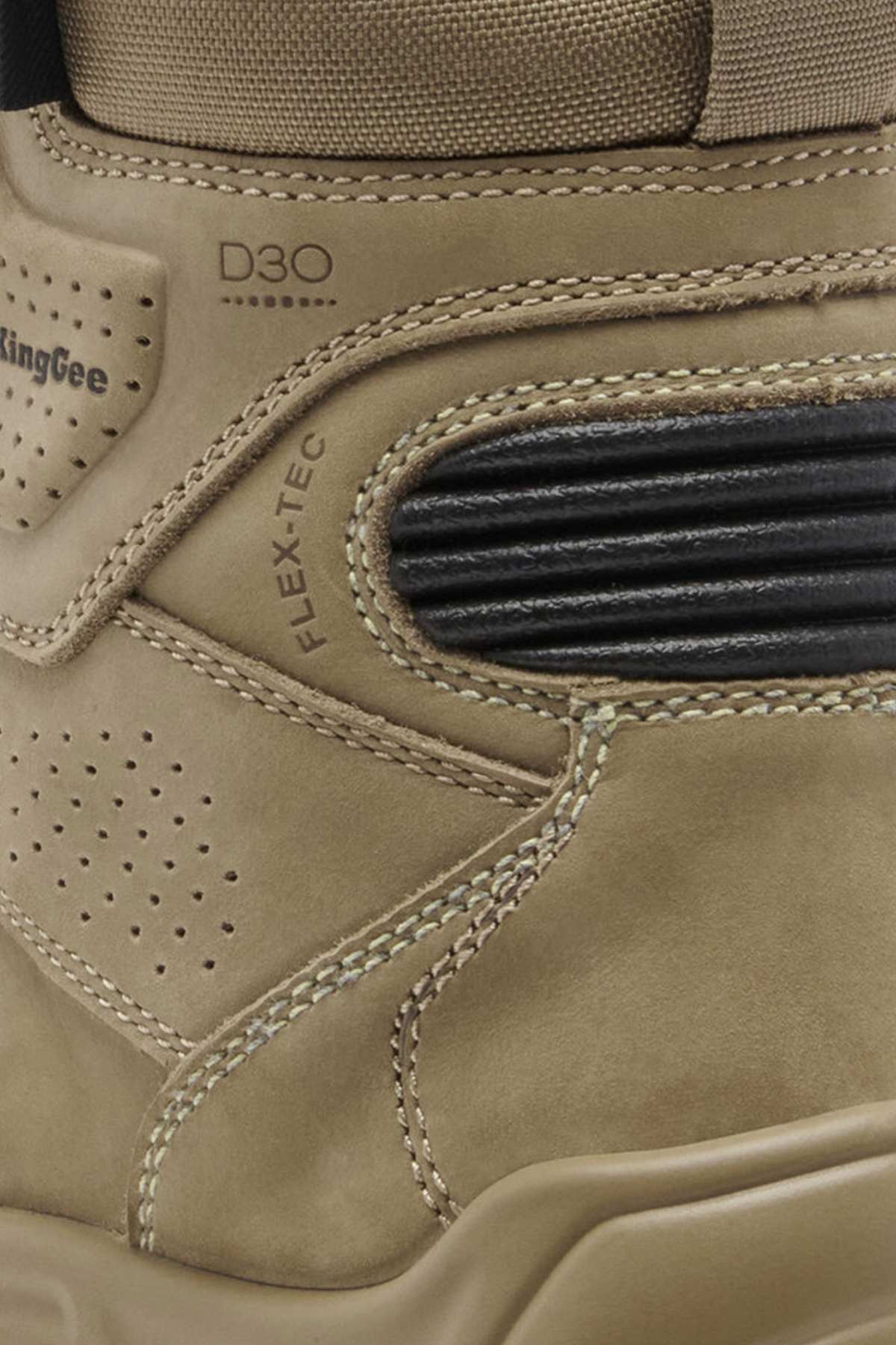 Close-up of the King Gee Bennu Pro 6 Work Boot highlighting detailed stitching, KingGee branding, breathability perforations, FLEX-TEC and D3O labels, a textured black padded ankle, and a slip-resistant outsole.