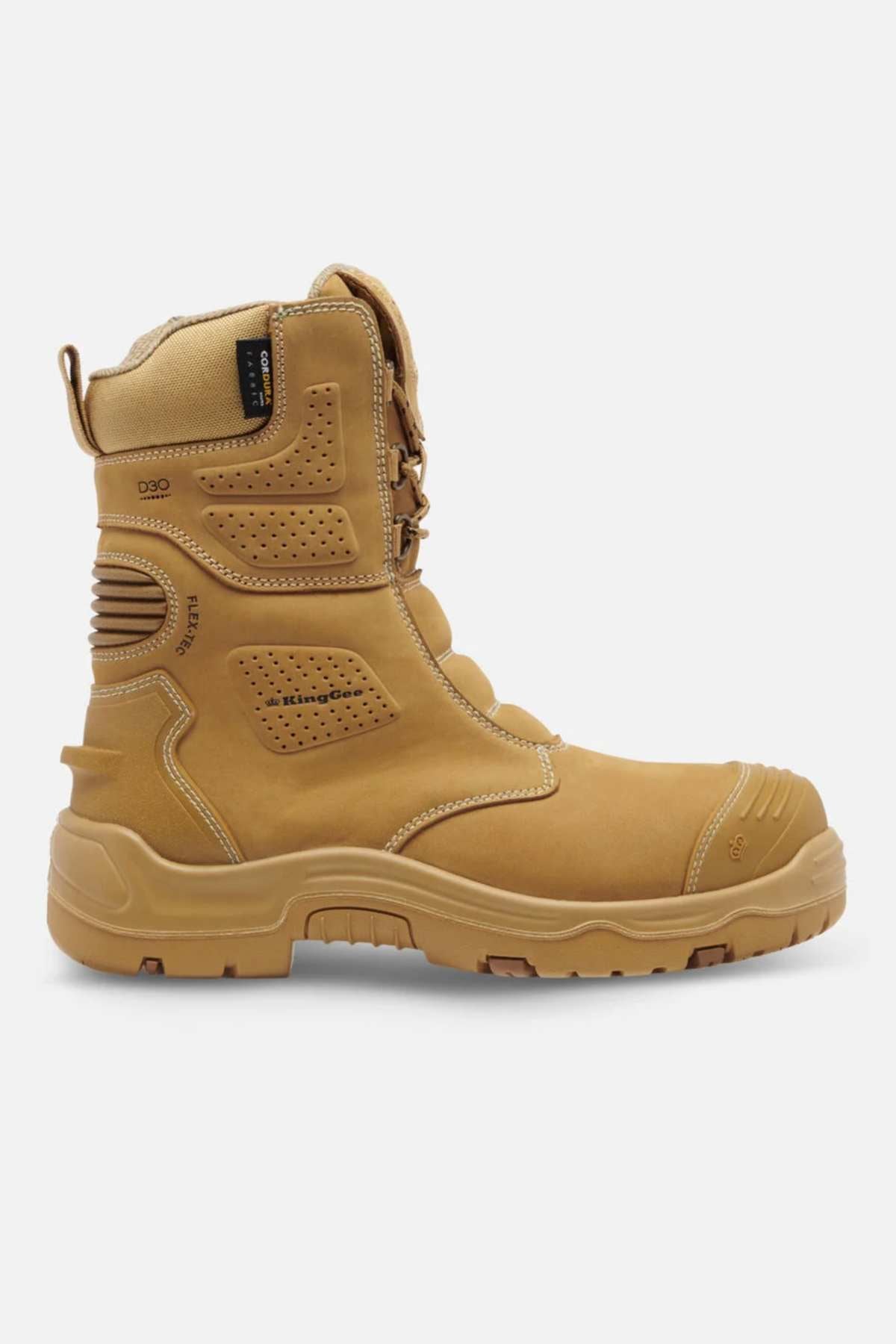 The King Gee Bennu Pro 9 Work Boot is tan, mid-calf high, with a steel toe and slip-resistant rubber sole. It has a lace-up style, padded collar, reinforced toe and heel, side ventilation holes, and visible branding.